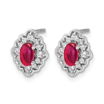 14K Weißgold Ohrringe mit echten Diamanten und Rubin-Cabochons