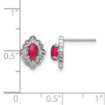 14K Weißgold Ohrringe mit echten Diamanten und Rubin-Cabochons