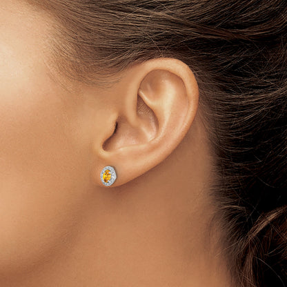14K Weißgold Ohrringe mit echtem Diamant und Citrin-Cabochon