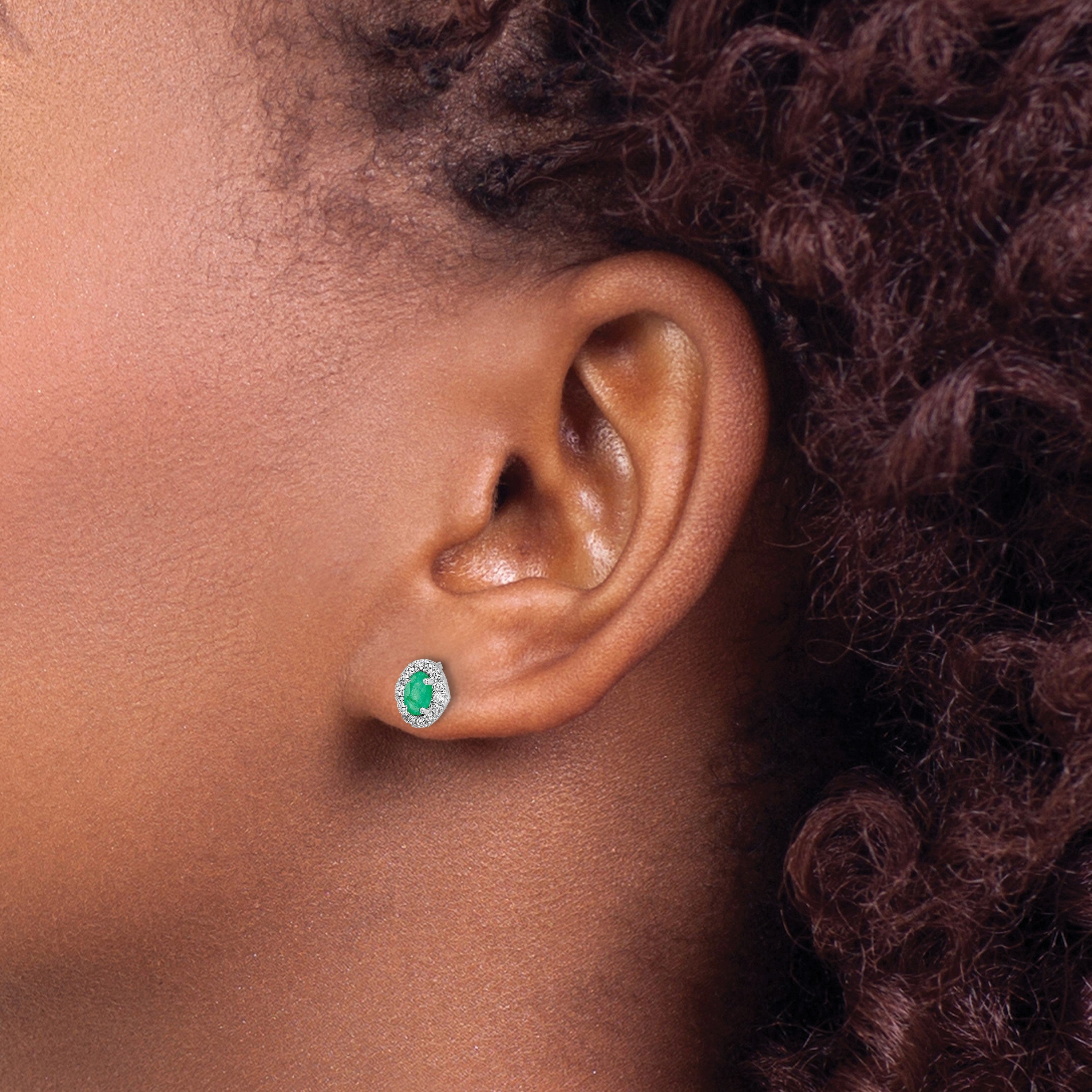 14K Weißgold Ohrringe mit echten Diamanten und Smaragd-Cabochons