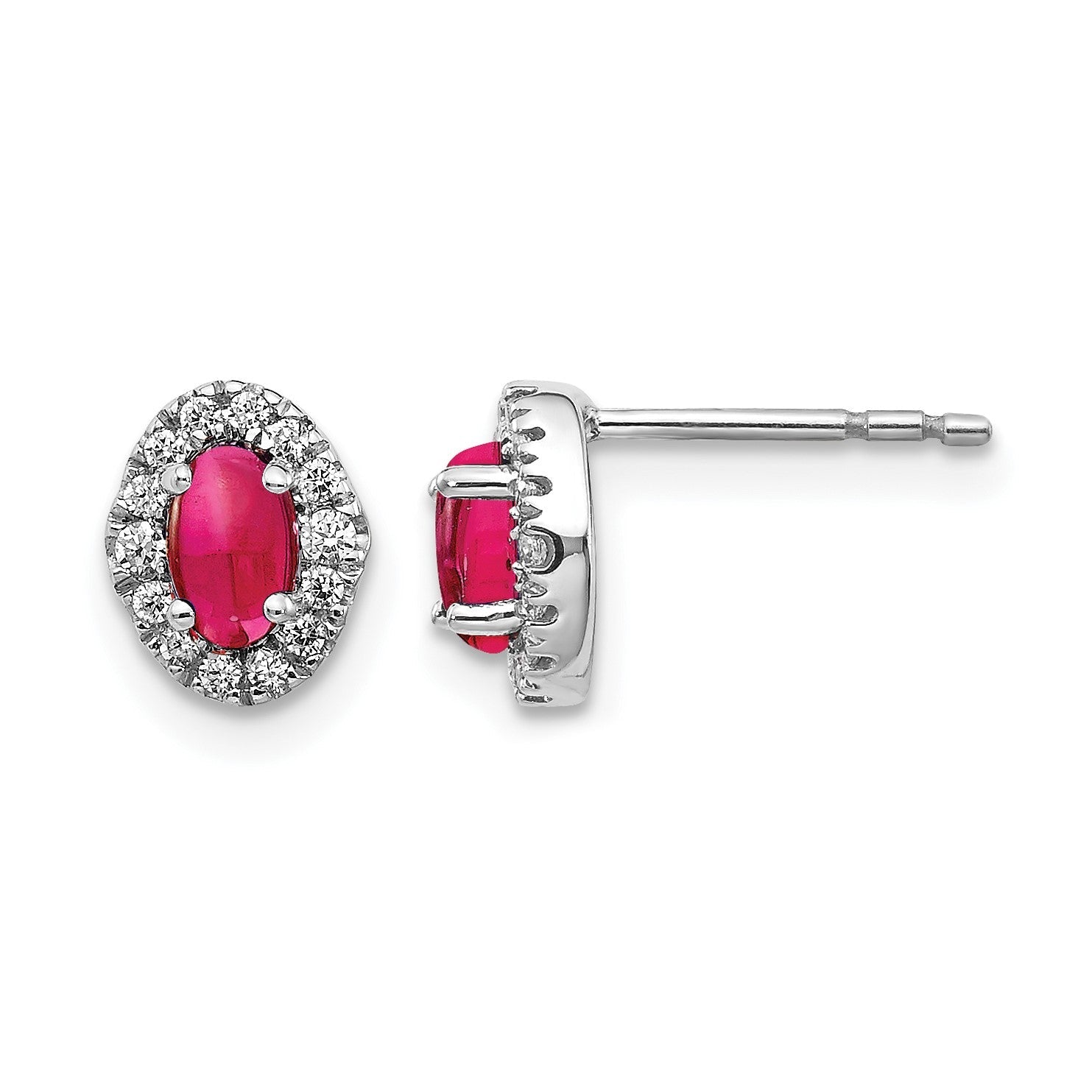 14K Weißgold Ohrstecker mit 0,17 ct. Labor-Diamant VS/SI+ G+ und ovalem synthetischem Rubin, Komplett-Halo