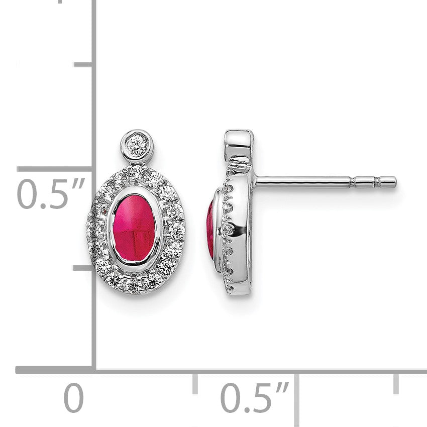 14K Weißgold Ohrringe mit echten Diamanten und Rubin-Cabochons