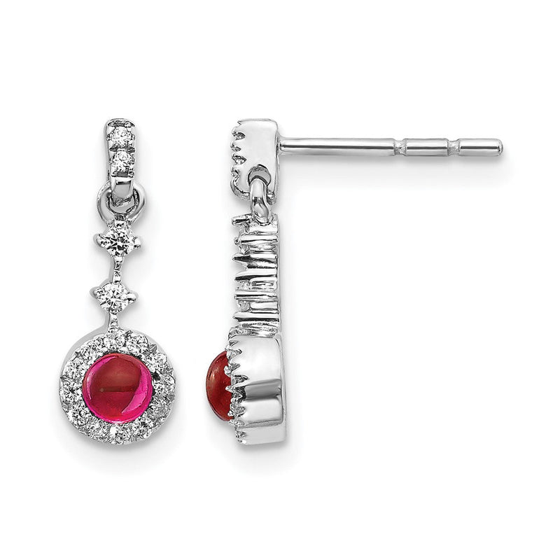 14K Weißgold Ohrringe mit echten Diamanten und Rubin-Cabochons