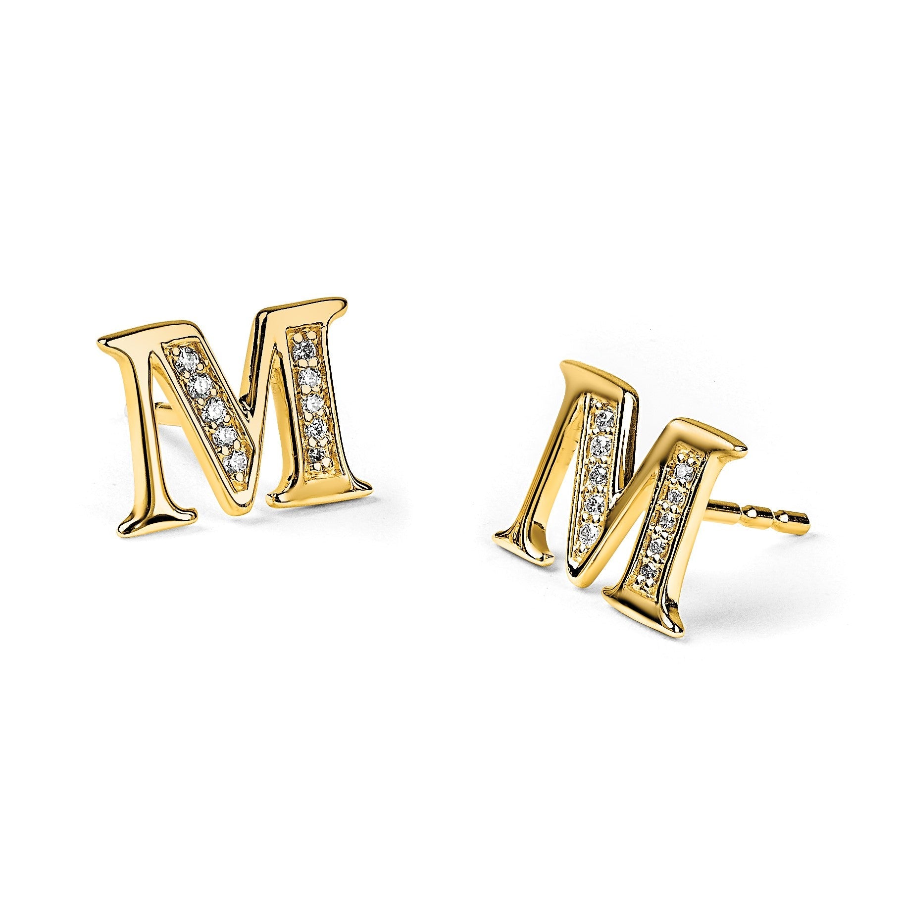14K Gelbgold Ohrringe mit echten Diamanten, Buchstabe M