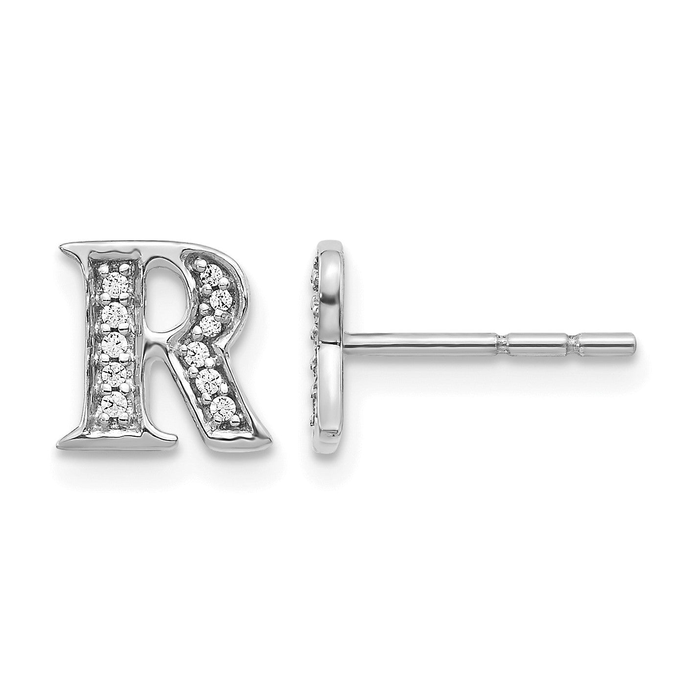 14K Weißgold Ohrringe mit echten Diamanten, Buchstabe R