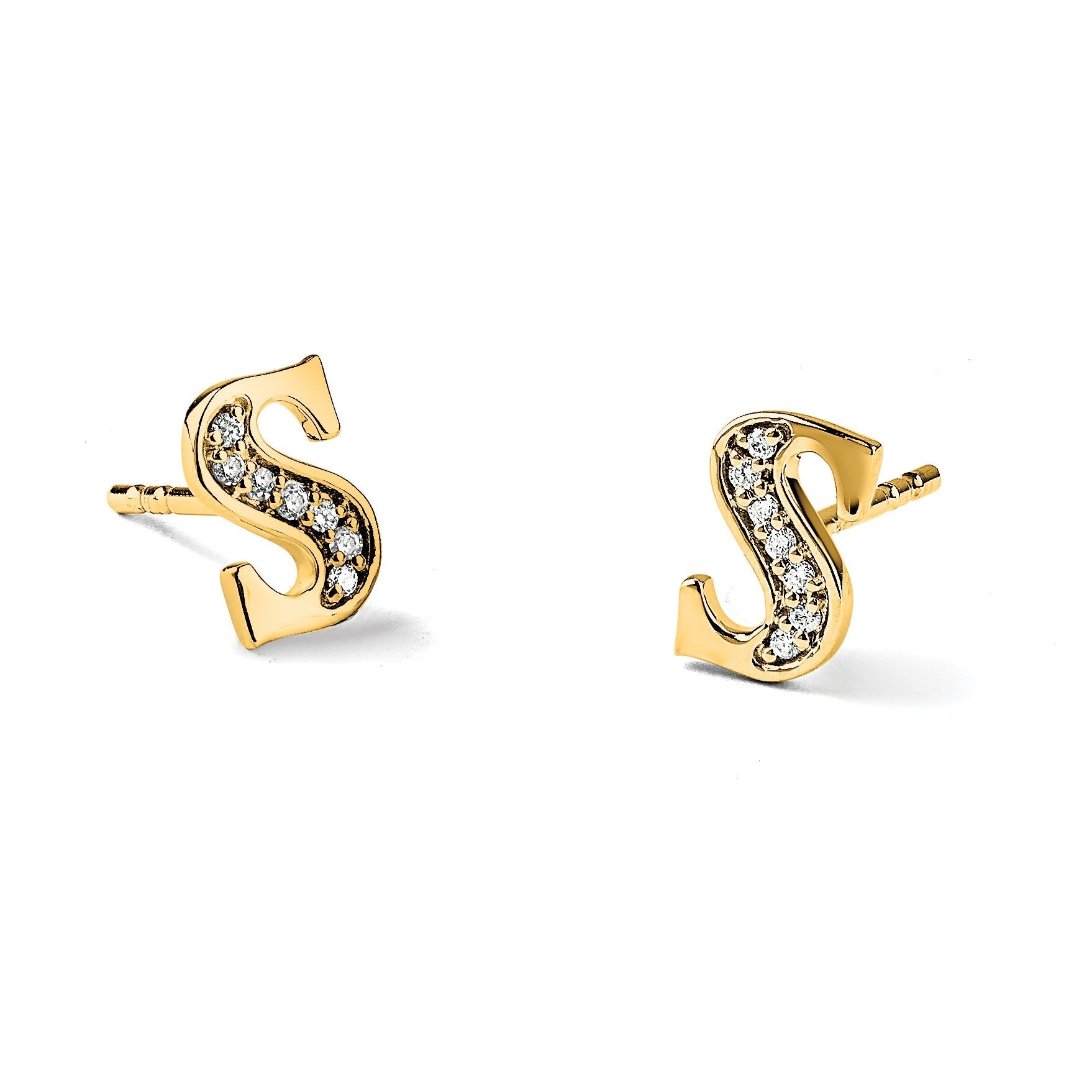 14K Gelbgold Initial-Ohrringe "S" mit echten Diamanten