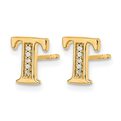 14K Gelbgold Ohrringe mit echten Diamanten, Initiale „T"