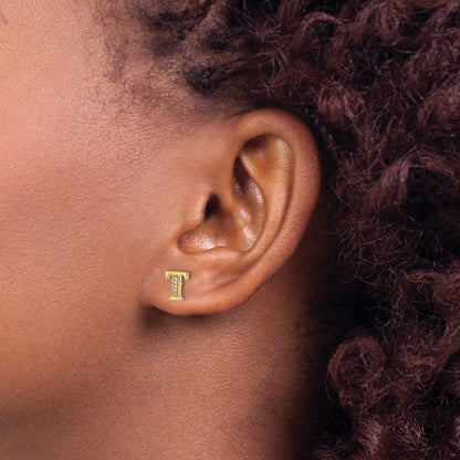 14K Gelbgold Ohrringe mit echten Diamanten, Initiale „T"