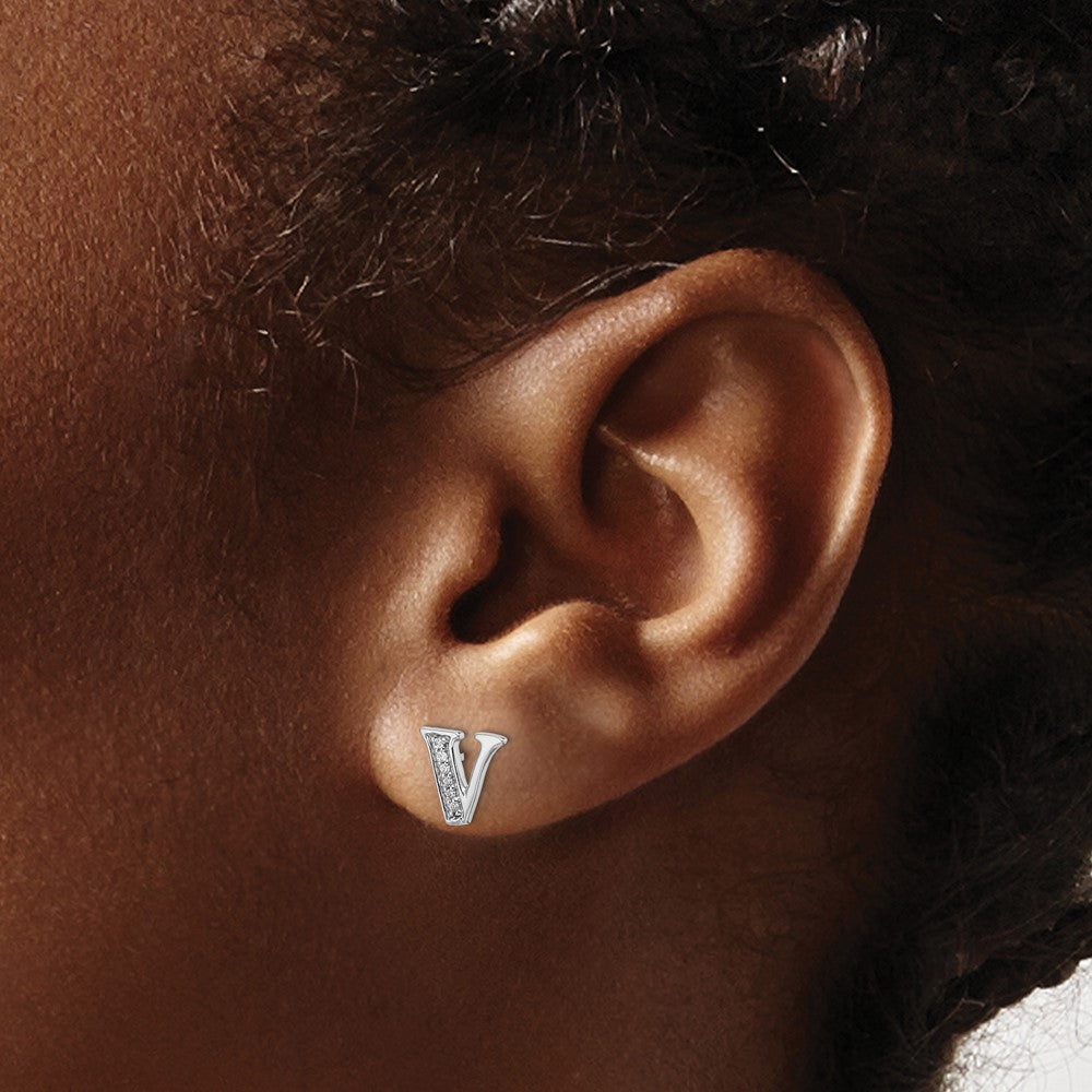14K Weißgold Ohrstecker mit echtem Diamant-Initialbuchstaben V