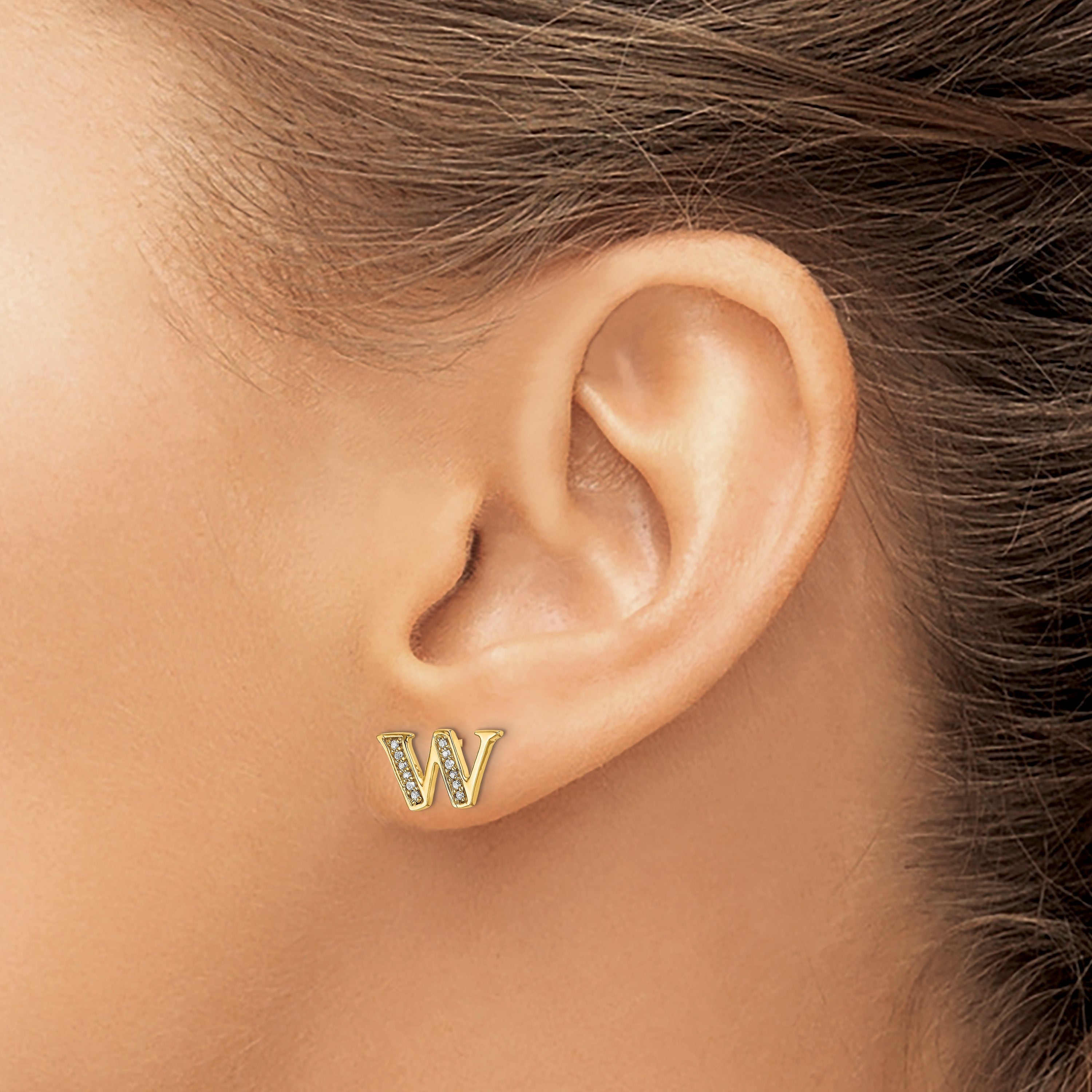 14K Gelbgold Ohrringe mit echten Diamanten, Initiale „W"
