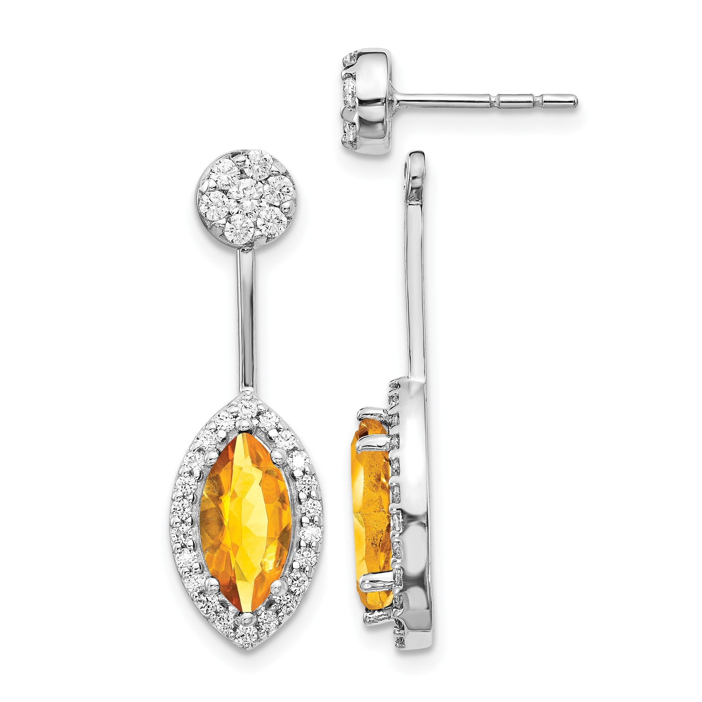 14K Weißgold Ohrringe mit echten Diamanten und Citrin im Marquise-Schliff, Front-Back-Verschluss