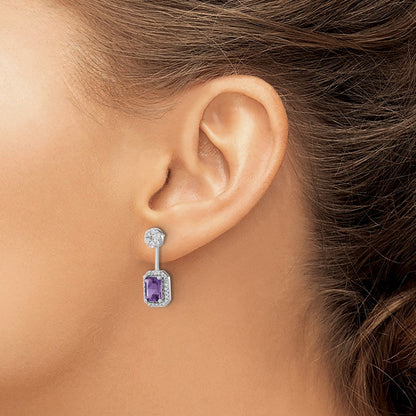 14K Weißgold Ohrringe mit echten Diamanten und Amethyst, Front-Back-Verschluss