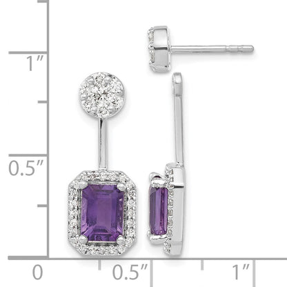 14K Weißgold Ohrringe mit echten Diamanten und Amethyst, Front-Back-Verschluss