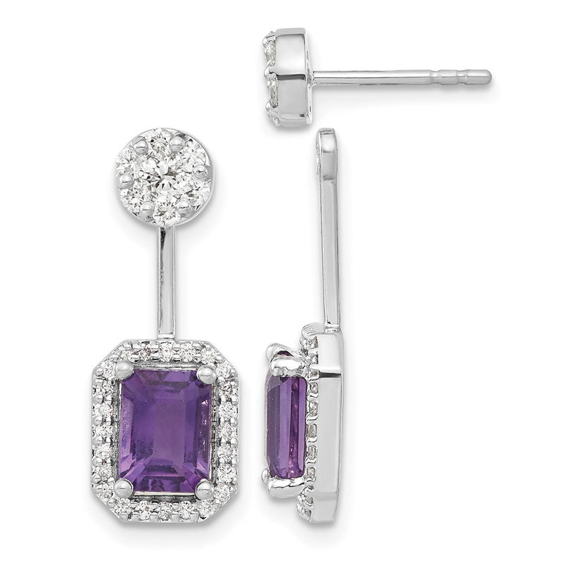 14K Weißgold Ohrringe mit echten Diamanten und Amethyst, Front-Back-Verschluss