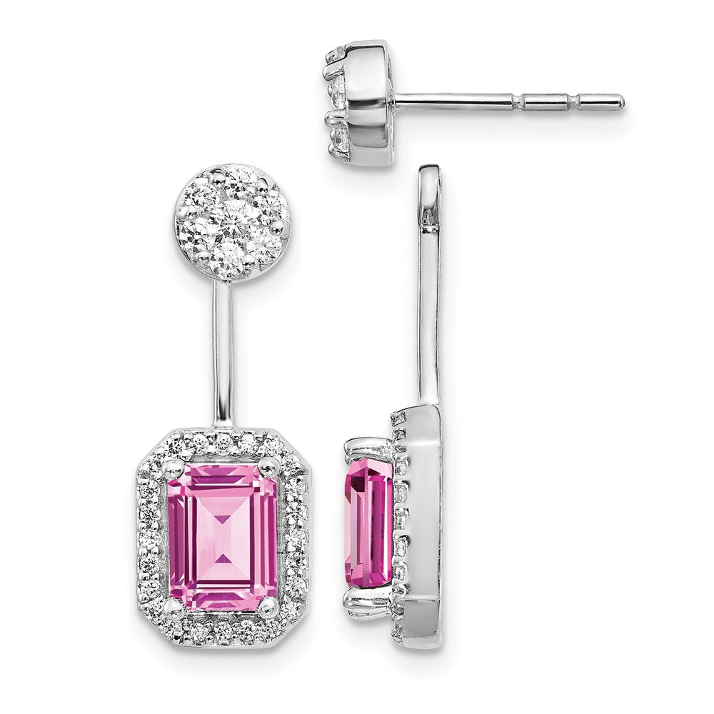 14K Weißgold Ohrringe mit echten Diamanten und gezüchteten pinken Saphiren, Front-Back-Verschluss