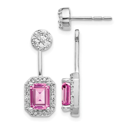 14K Weißgold Ohrringe mit echten Diamanten und gezüchteten pinken Saphiren, Front-Back-Verschluss