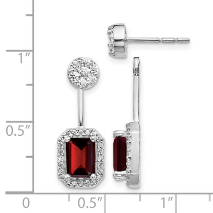 14K Weißgold Ohrringe mit echten Diamanten und Granat, Front-Back-Verschluss