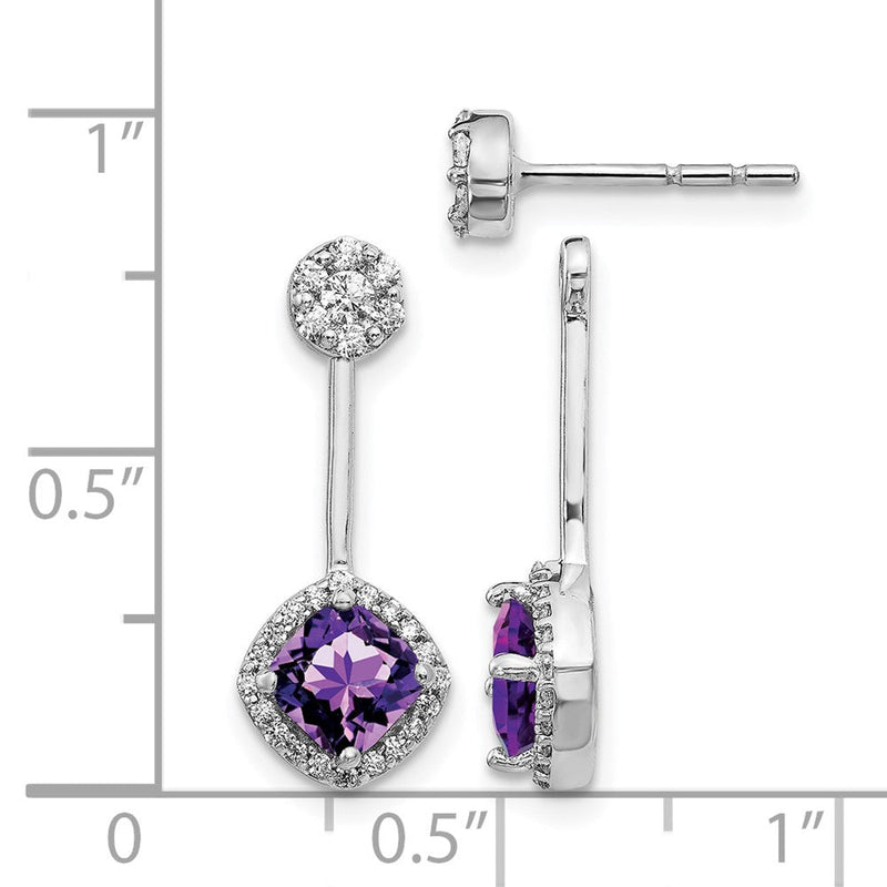 14K Weißgold Ohrringe mit echten Diamanten und Amethyst, Front-Back
