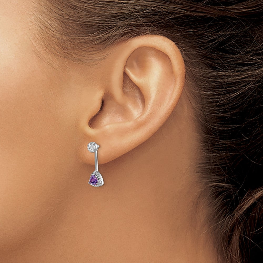 14K Weißgold Ohrringe mit echten Diamanten und Trillion-Amethyst, Front-Back-Verschluss