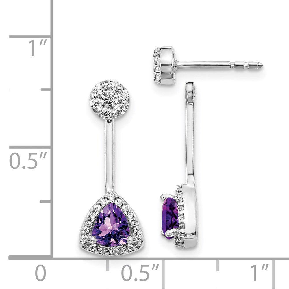 14K Weißgold Ohrringe mit echten Diamanten und Trillion-Amethyst, Front-Back-Verschluss