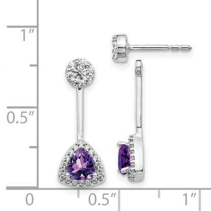 14K Weißgold Ohrringe mit echten Diamanten und Trillion-Amethyst, Front-Back-Verschluss