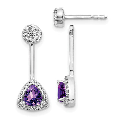 14K Weißgold Ohrringe mit echten Diamanten und Trillion-Amethyst, Front-Back-Verschluss