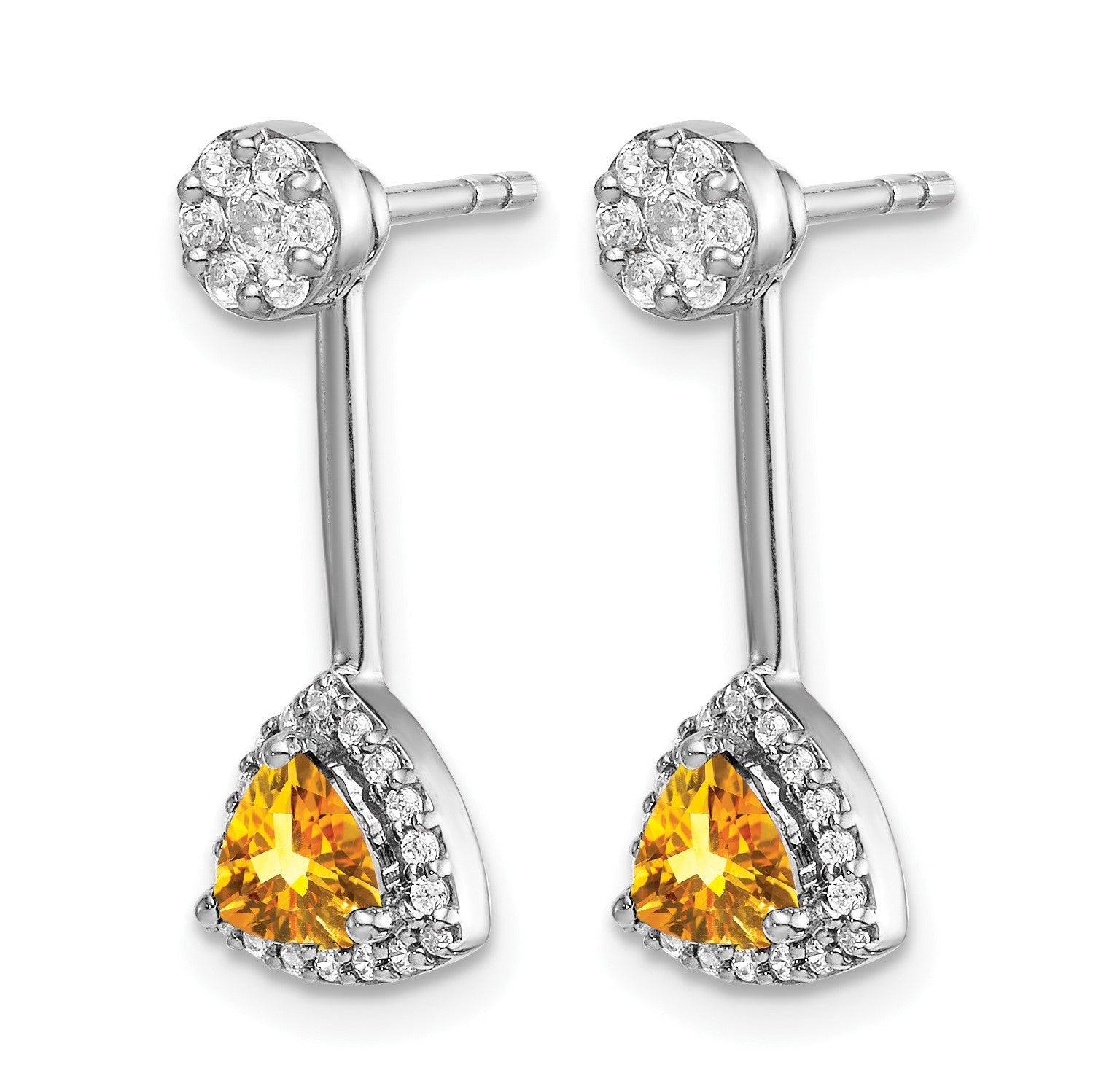 14K Weißgold Ohrringe mit echten Diamanten und Citrin im Trillion-Schliff, Front-Back-Verschluss