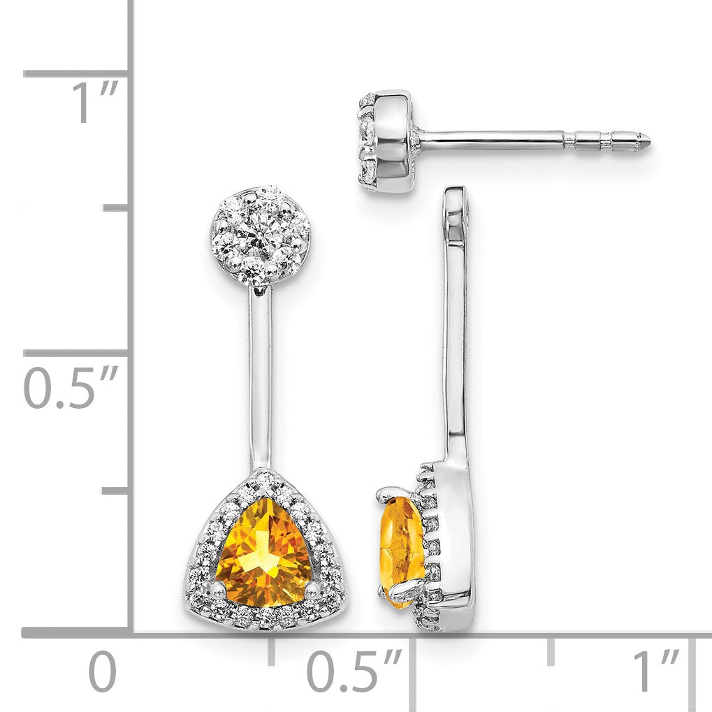 14K Weißgold Ohrringe mit echten Diamanten und Citrin im Trillion-Schliff, Front-Back-Verschluss