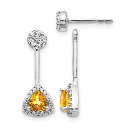 14K Weißgold Ohrringe mit echten Diamanten und Citrin im Trillion-Schliff, Front-Back-Verschluss