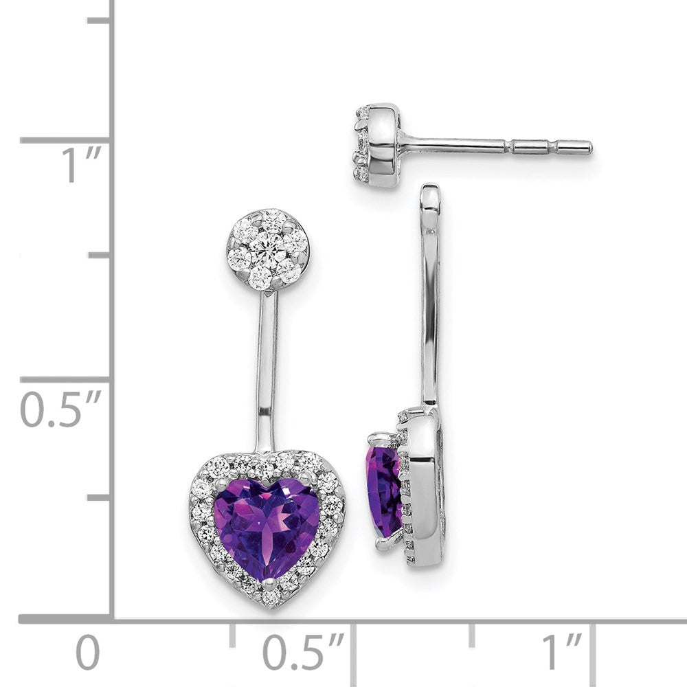14K Weißgold Ohrringe mit echten Diamanten und Amethyst in Herzform, vorne und hinten zu tragen