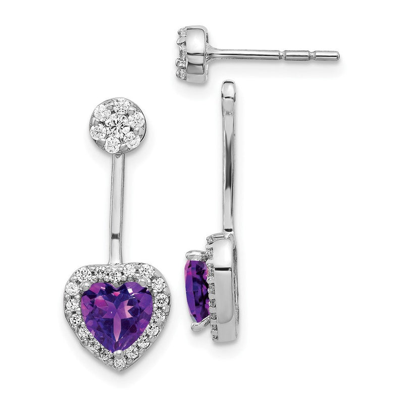 14K Weißgold Ohrringe mit echten Diamanten und Amethyst in Herzform, vorne und hinten zu tragen