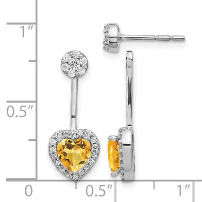 14K Weißgold Ohrringe mit echten Diamanten und Citrin-Herz, Front-Back-Verschluss
