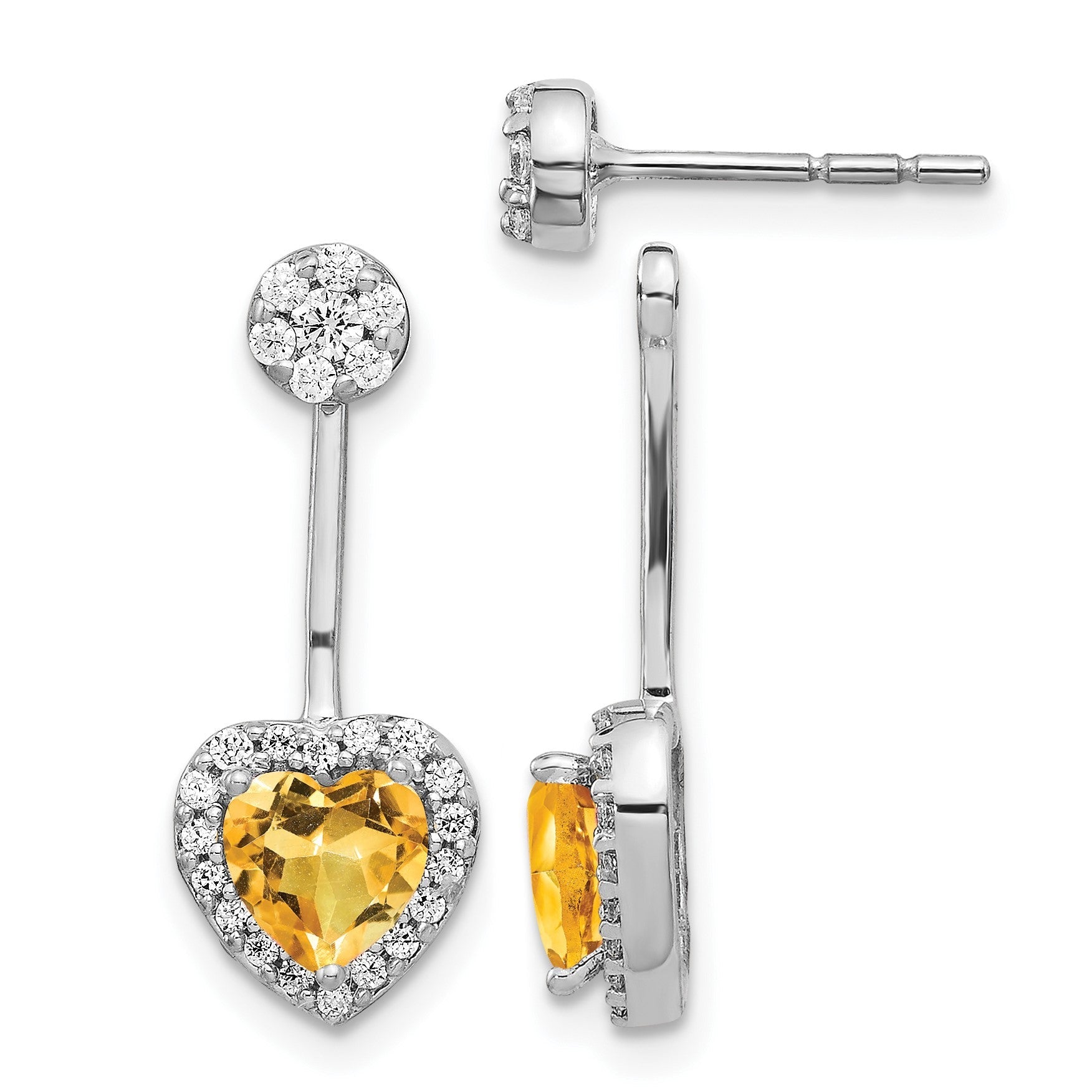 14K Weißgold Ohrringe mit echten Diamanten und Citrin-Herz, Front-Back-Verschluss