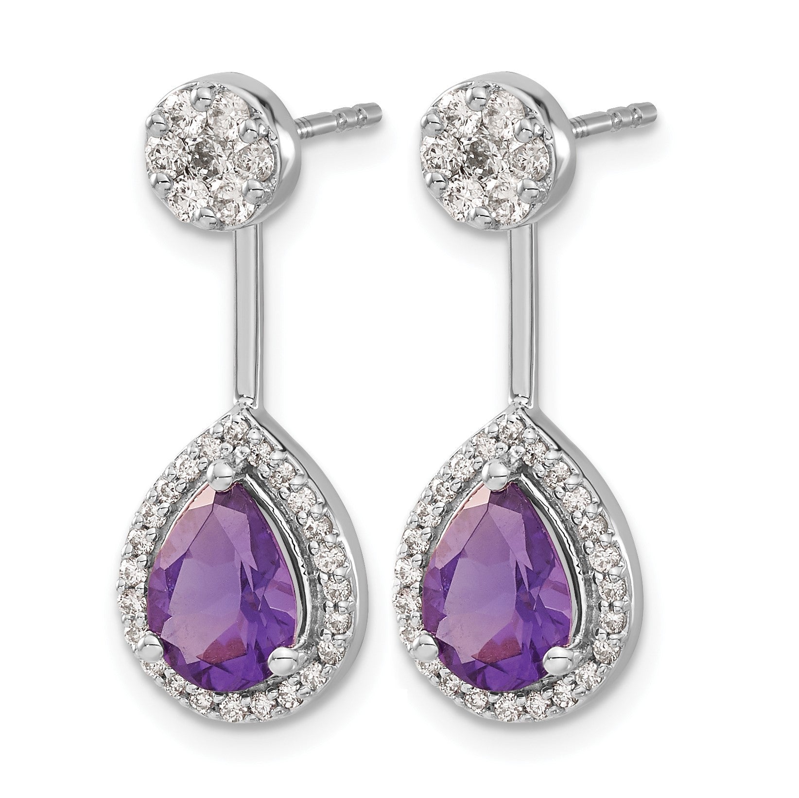14K Weißgold Ohrringe mit echtem Diamant und birnenförmigem Amethyst, Front-Back-Verschluss