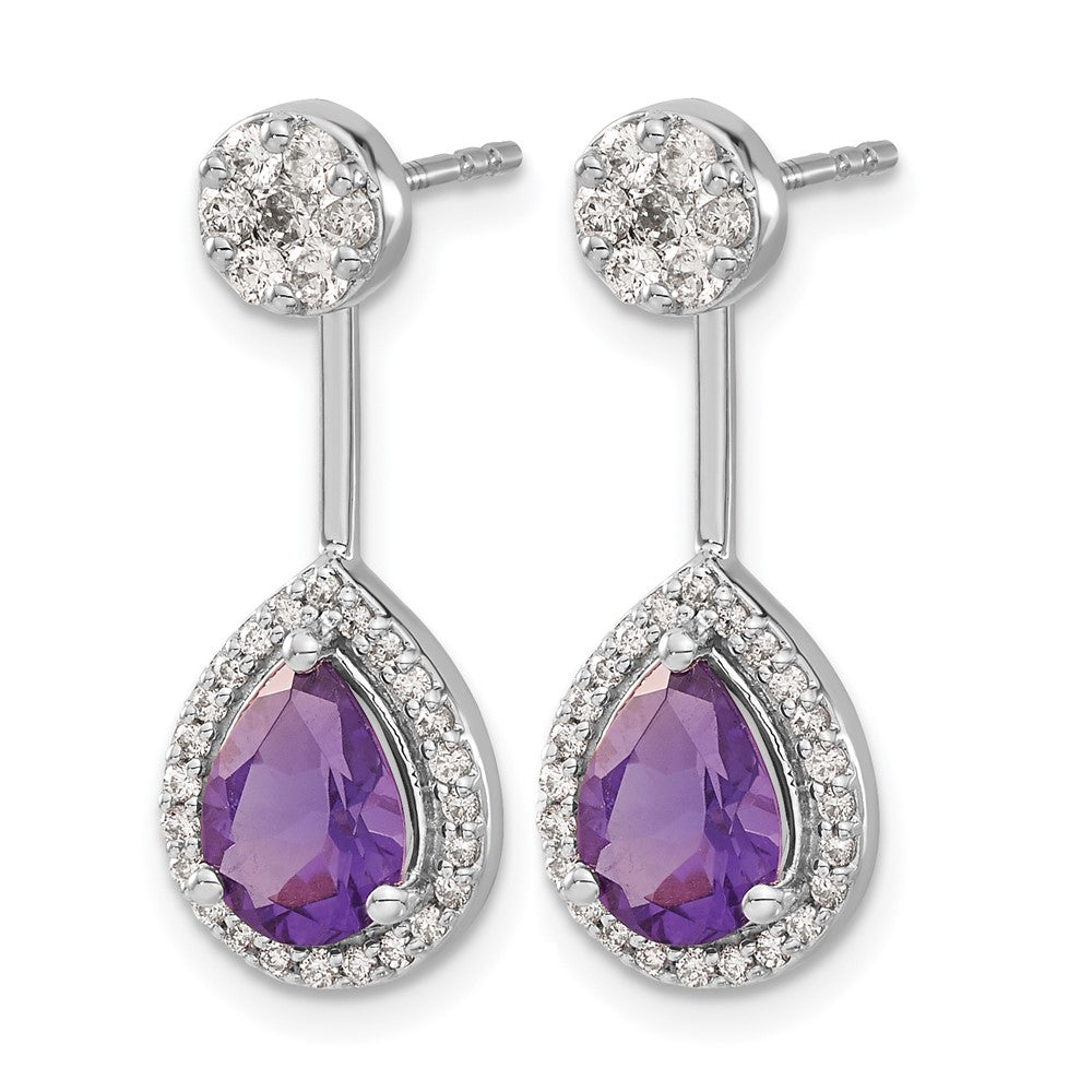 14K Weißgold Ohrringe mit echtem Diamant und birnenförmigem Amethyst, Front-Back-Verschluss