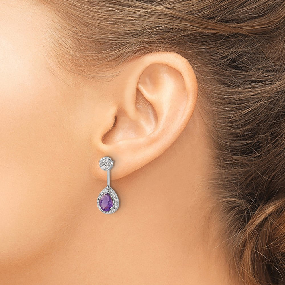 14K Weißgold Ohrringe mit echtem Diamant und birnenförmigem Amethyst, Front-Back-Verschluss