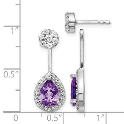 14K Weißgold Ohrringe mit echtem Diamant und birnenförmigem Amethyst, Front-Back-Verschluss