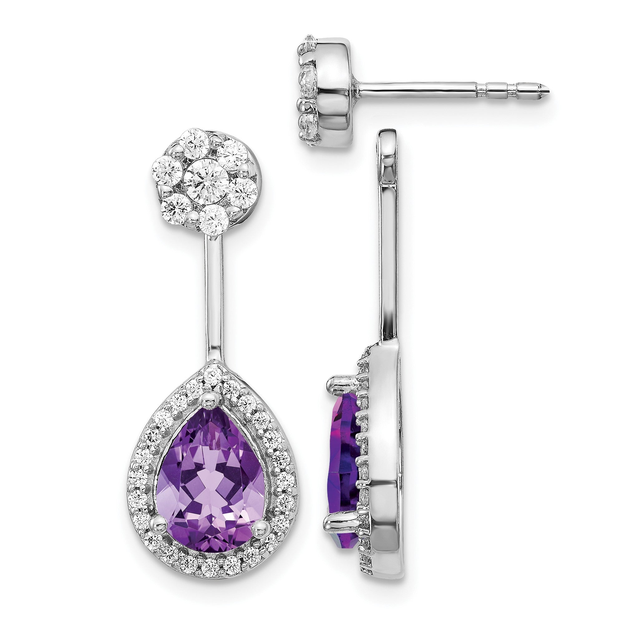 14K Weißgold Ohrringe mit echtem Diamant und birnenförmigem Amethyst, Front-Back-Verschluss