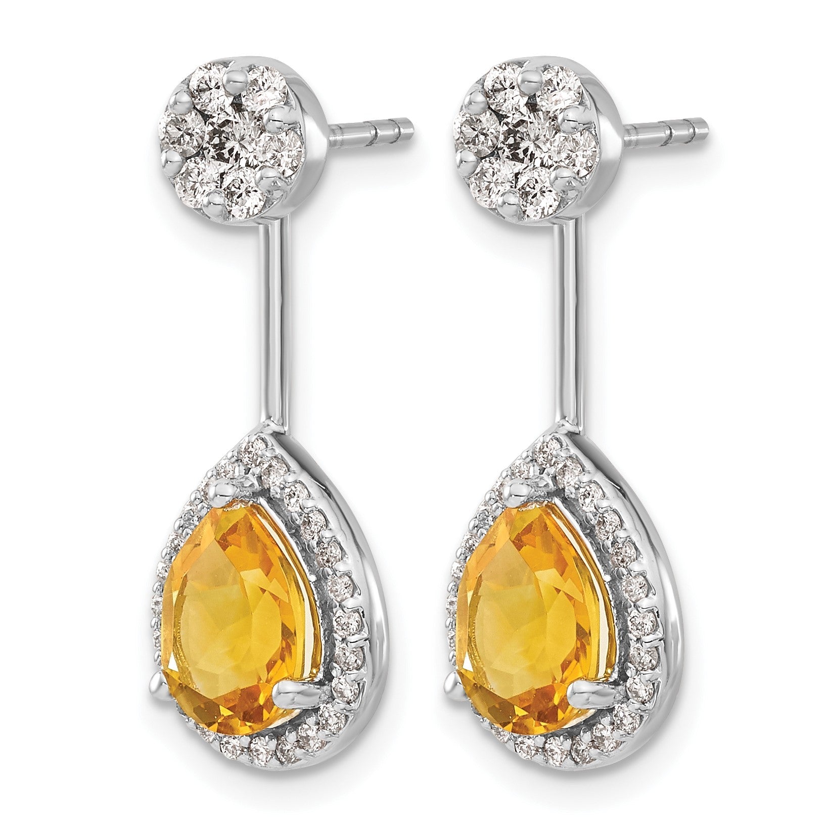 14K Weißgold Ohrringe mit echten Diamanten und birnenförmigem Citrin, Front-Back-Verschluss