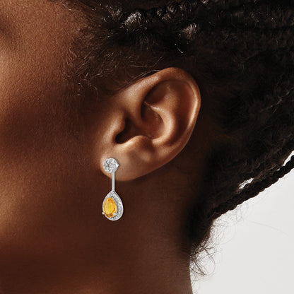14K Weißgold Ohrringe mit echten Diamanten und birnenförmigem Citrin, Front-Back-Verschluss
