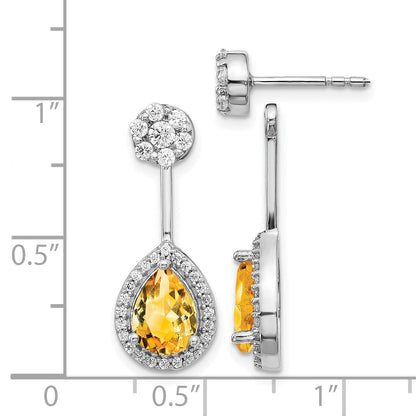 14K Weißgold Ohrringe mit echten Diamanten und birnenförmigem Citrin, Front-Back-Verschluss