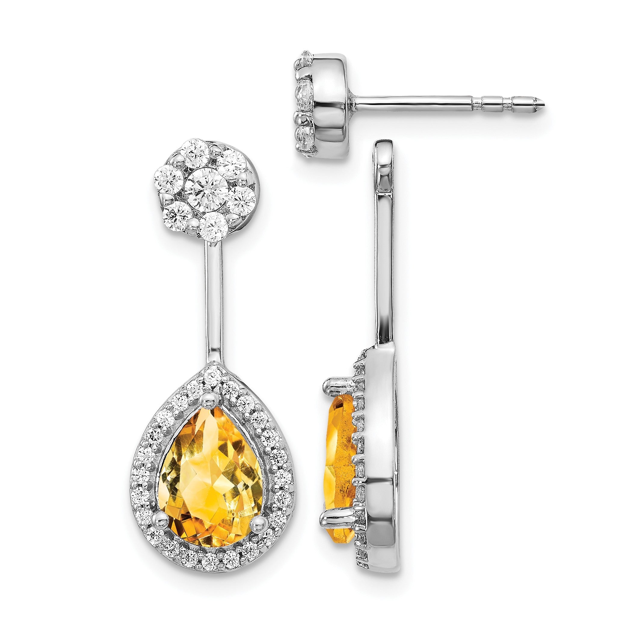 14K Weißgold Ohrringe mit echten Diamanten und birnenförmigem Citrin, Front-Back-Verschluss