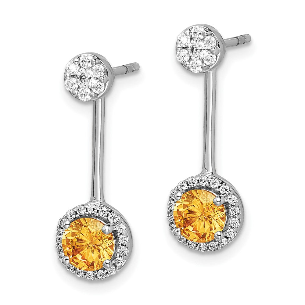 14K Weißgold Ohrringe mit echten Diamanten und Citrinen, Front-Back-Verschluss