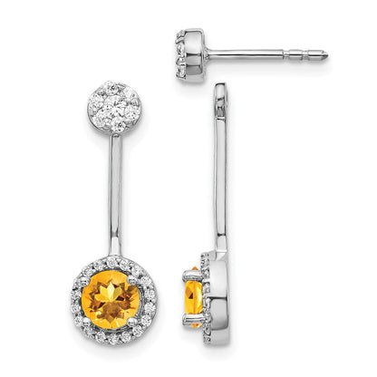 14K Weißgold Ohrringe mit echten Diamanten und Citrinen, Front-Back-Verschluss