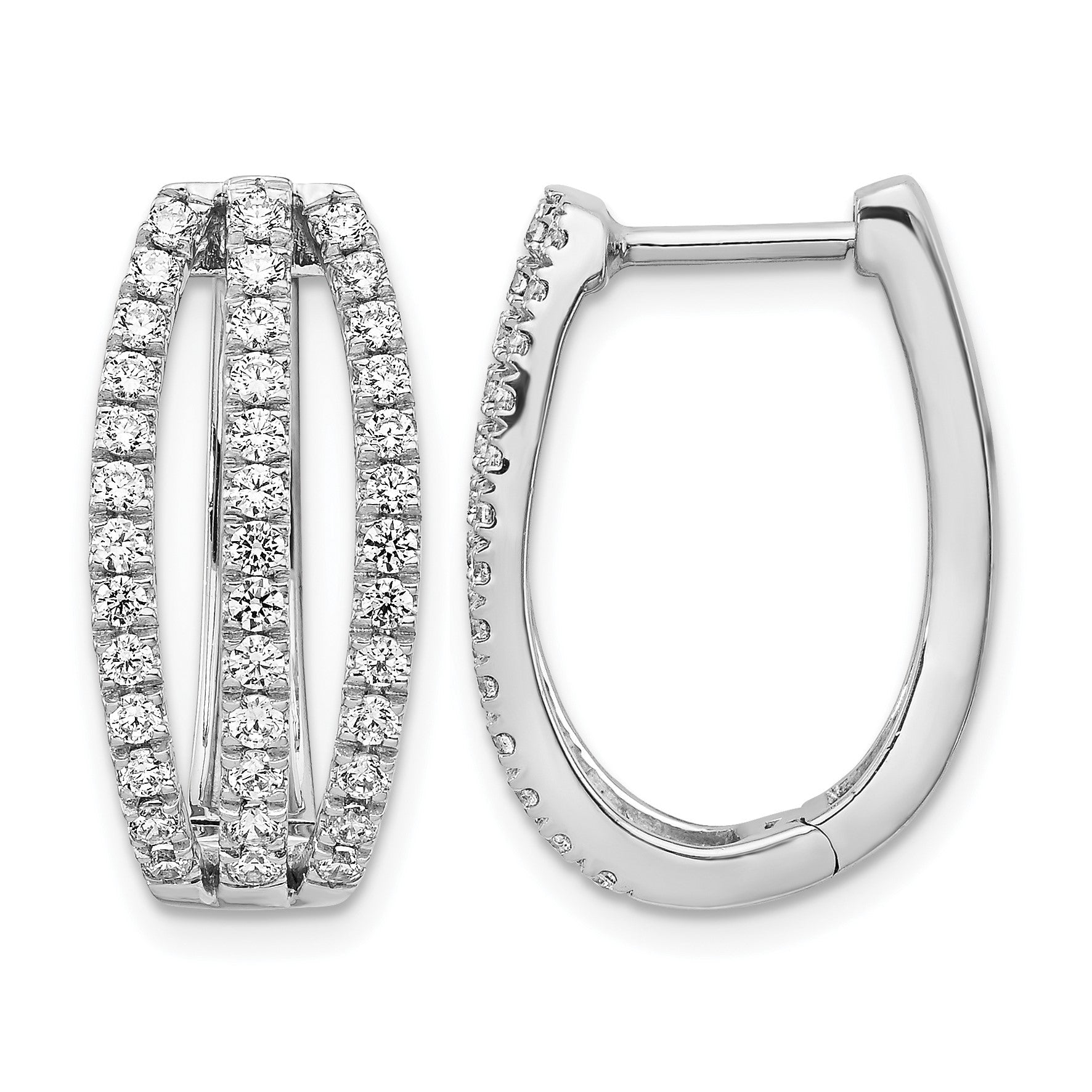 14K Weißgold Creolen mit Klappscharnier, 3-reihig, echten Diamanten