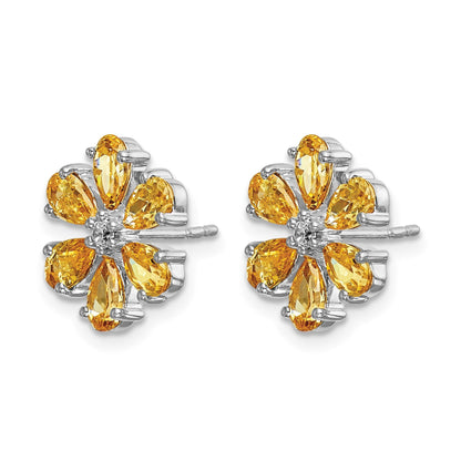 14K Weißgold Ohrringe mit echten Diamanten und Citrin, Blumendesign