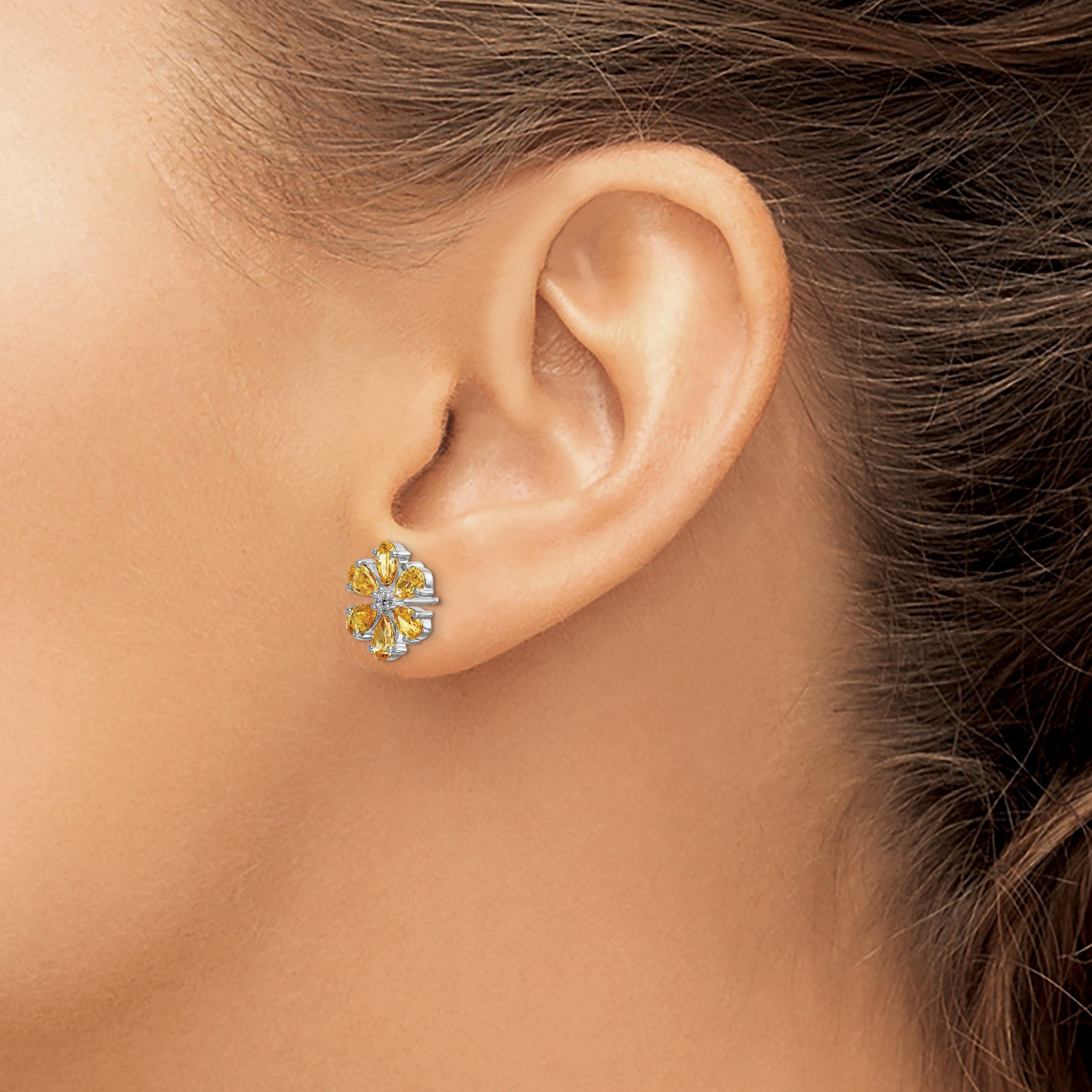14K Weißgold Ohrringe mit echten Diamanten und Citrin, Blumendesign