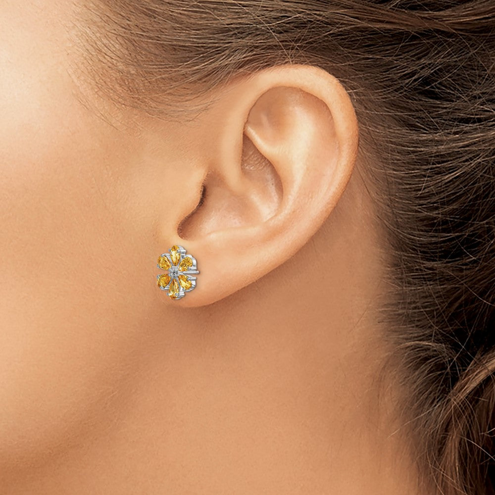14K Weißgold Ohrringe mit echten Diamanten und Citrin, Blumendesign