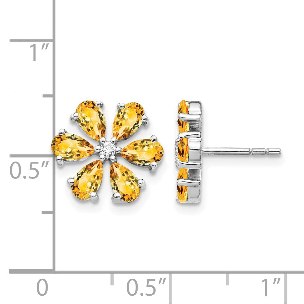 14K Weißgold Ohrringe mit echten Diamanten und Citrin, Blumendesign