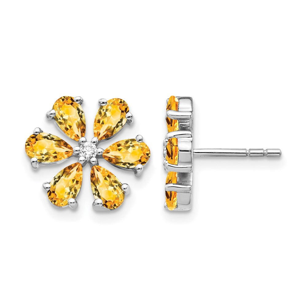 14K Weißgold Ohrringe mit echten Diamanten und Citrin, Blumendesign